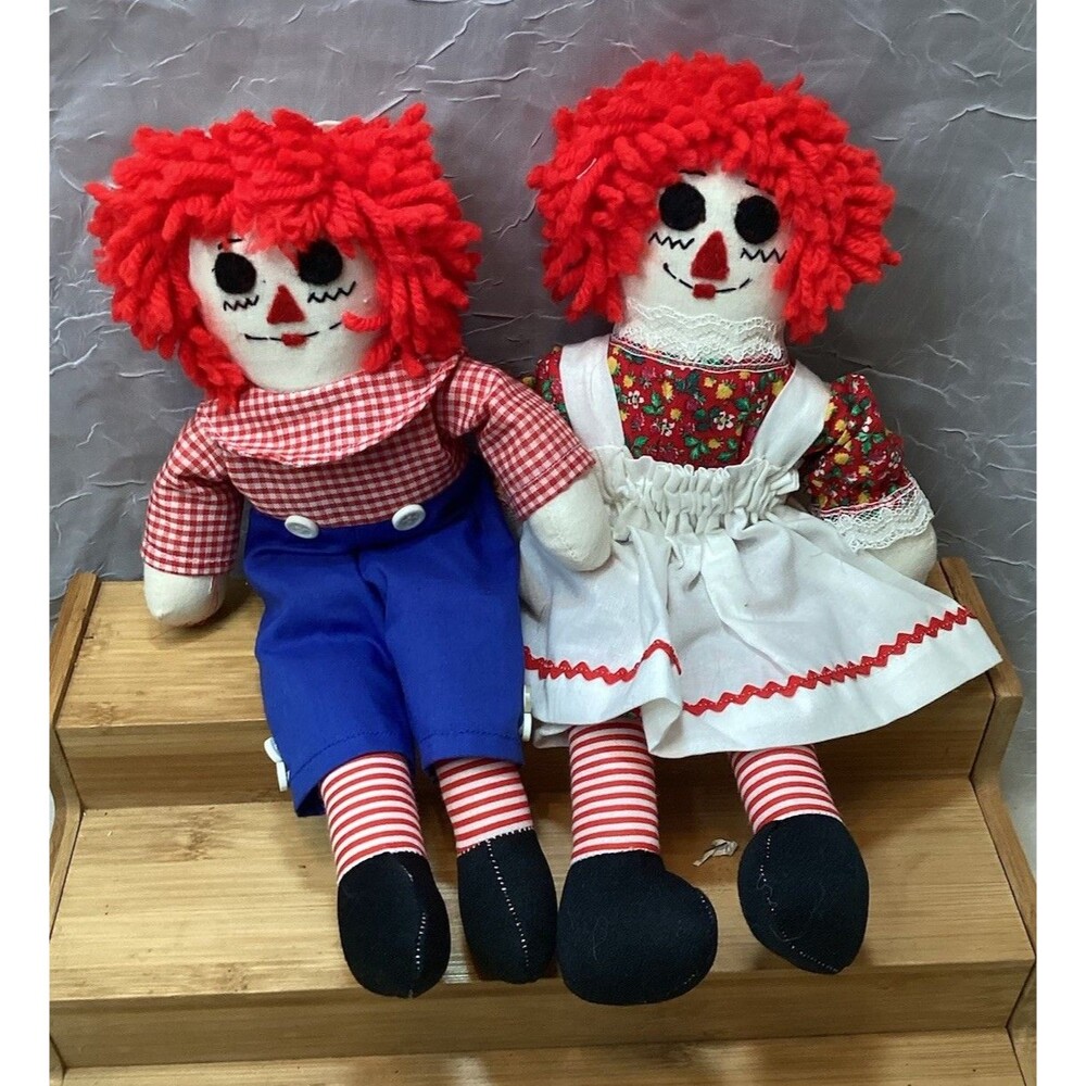 Vintage Hand Made Raggedy Ann and Andy Dolls 11" Felt Eyes Yarn Hair Matching